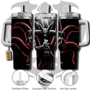 HardTimesMerch - Naruto x Kurama 40oz Handle Tumbler Stainless Steel Travel Mug, Anime Inspired Vacuum Insulated Cup, Large Iced Coffee Tumbler, Manga Fighter Drinkware, Otaku Gift for Him Her