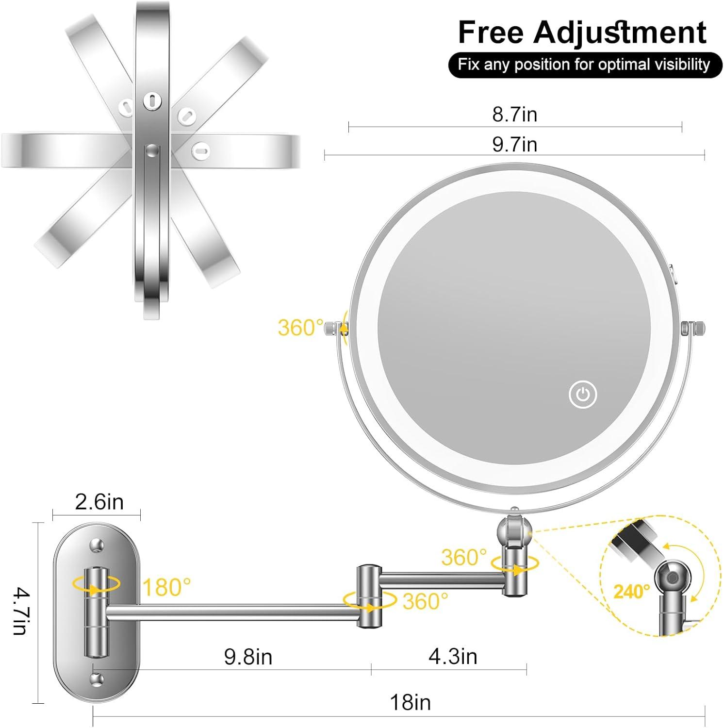 9" Wall Mounted Lighted Makeup Mirror,4000mAh Rechargeable Double Sided 1X/10X Magnifying Mirror with Light,3 Color Lights,Touch Dimmable,Extended Arm 360 Rotation Wall Mounted Makeup Mirror
