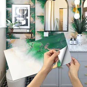 6/12/24/48PCS Rectangular Retro Emerald Green Gilded Marble Tile Stickers | PVC Crystal Film | Waterproof Oil-Proof Kitchen Bathroom Decor (FG)