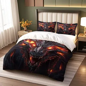 Flame Dragon Print Bedding Set (1 Fitted Sheet + 2 Pillowcases), Dark Fantasy Style, Soft Comfort, Perfect for Trendy Bedroom Decor