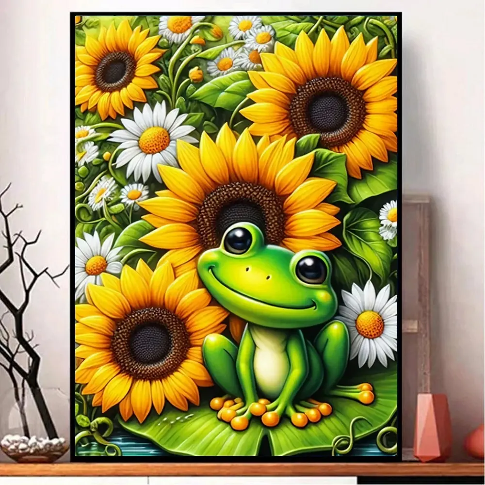 5d diamond painting kit, Diy sunflower and frog full diamond round diamond art set, suitable for beginners in canvas embroidery craft, used for home wall decoration, ideal holiday gift, Handicraft