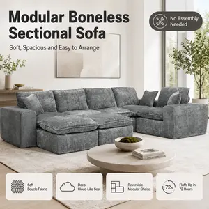 Super 107 Inch Modern Boucle L Shaped Sectional Sofa Cloud Couch with Two Moveable Ottomans and Pillows Modular Comfy Seating for Living Room Cozy Aesthetic Room Decor Neutral Apartment Finds Home Makeover Essentials