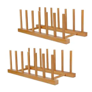 Bamboo Wooden Dish Racks Plate Stand Holder Vertical Drainer Kitchen Cabinet Organizer for Dish, Pots, Lids, Bowls, Cups, and Cutting Boards and Books(2 Packs)