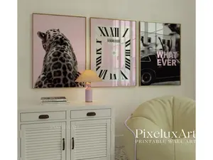 Pink Aesthetic Leopard Wall Art Set, Pink Black Y2k Collage Apartment