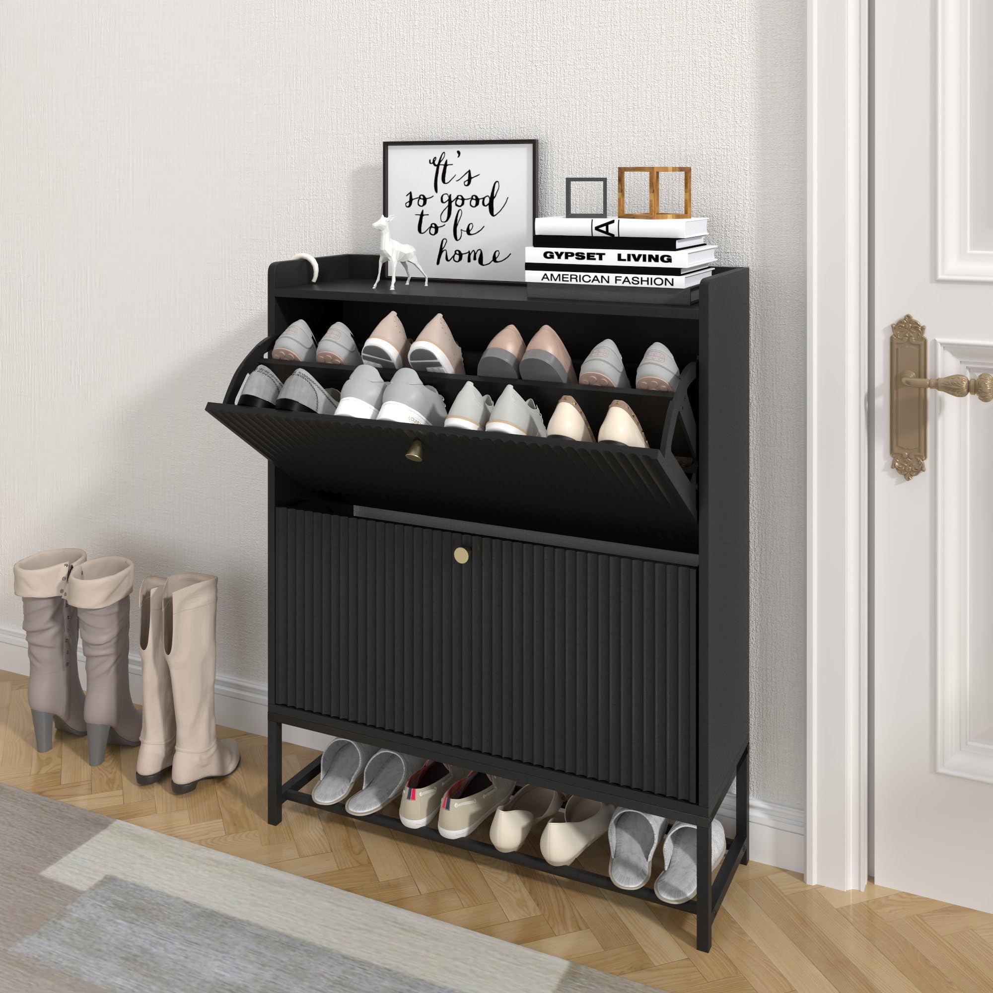 Giratree Fluted Shoe Cabinet with 2 Flip Drawers, Modern Slim Shoe Storage Organizer, Narrow Entryway Shoe Rack, Tipping Shoe Cabinet with Metal Legs for Heels, Boots, Slippers in Entrance