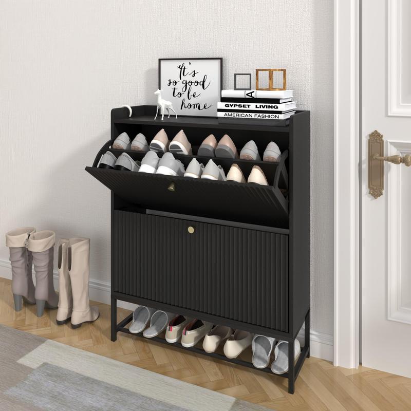 Giratree Fluted Shoe Cabinet with 2 Flip Drawers, Modern Slim Shoe Storage Organizer, Narrow Entryway Shoe Rack, Tipping Shoe Cabinet with Metal Legs for Heels, Boots, Slippers in Entrance