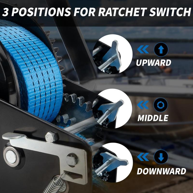 3500lbs Heavy Duty Boat Trailer Winch with 32FT Strap2-Way Ratchet 4:1/8:1 Gear Trailer WinchPortable Hand Crank Winch for Boat, , Trailer, RV, ATV, Jet Ski