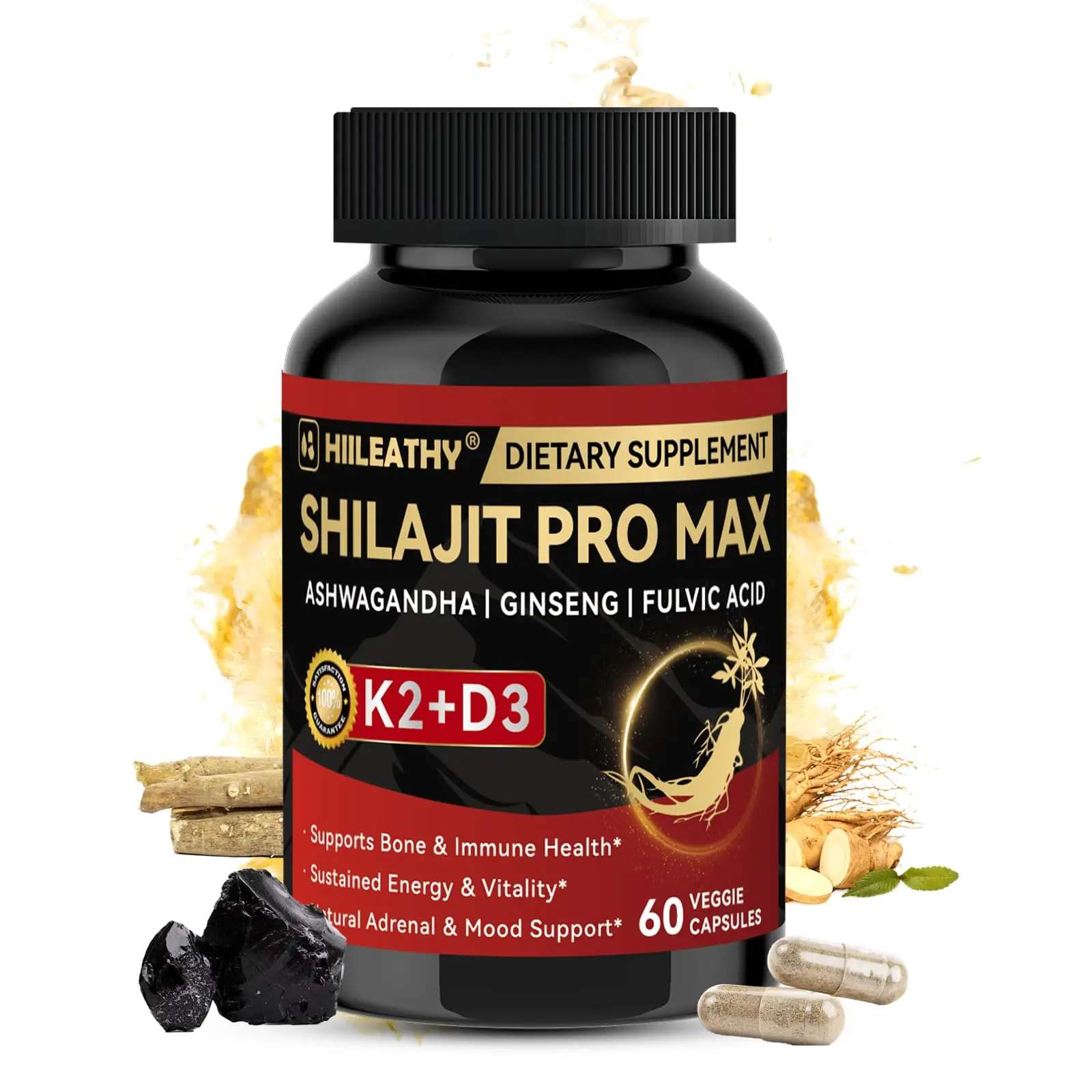 HIILEATHY Shilajit Pro Max Supplement 500mg with Ashwagandha, Panax Ginseng, Vitamins D3 & K2, Energy, Vitality and Daily Support, 60 Capsules