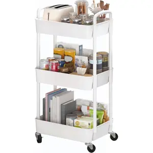 3-Tier Plastic Rolling Utility Cart with Handle, Multi-Functional Storage Trolley for Office, Living Room, Kitchen, Movable Storage Organizer with Wheels, White