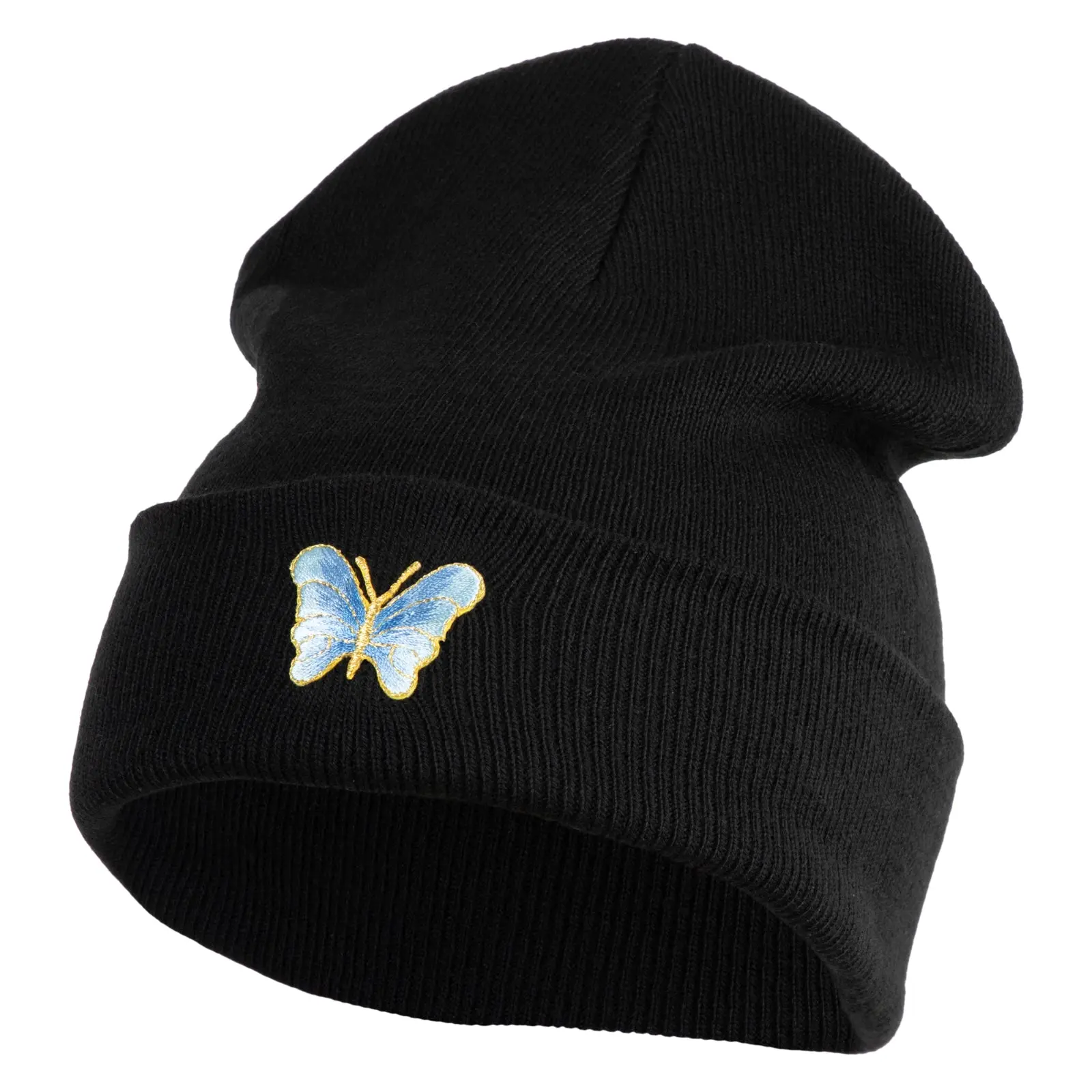 Small Decorative Blue Butterfly Iron on Patched 12 Inch Long Knitted Beanie