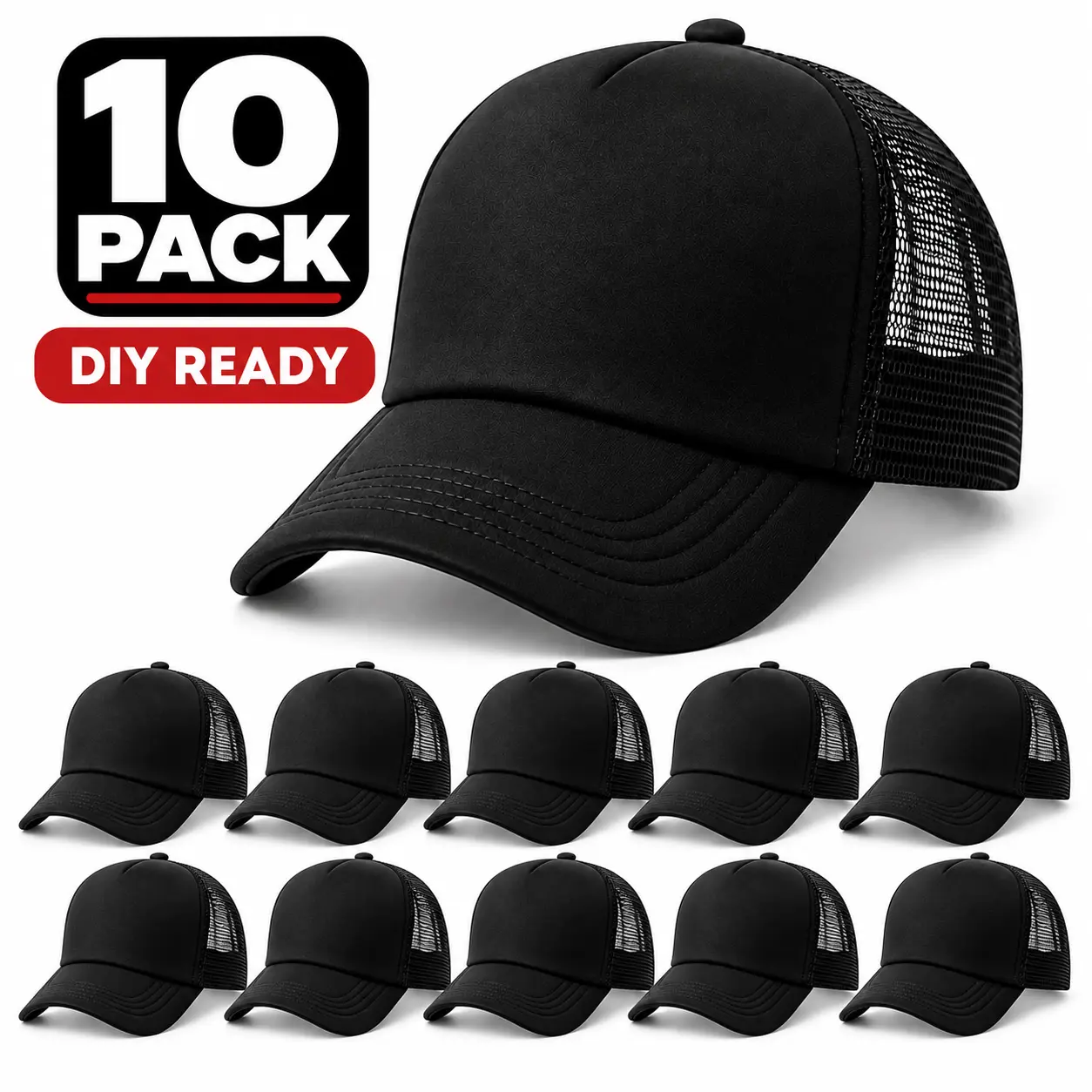 10 Pack Blank Black Trucker Hats, Breathable Mesh Back Baseball Caps for Men and Women, Plain Front Bulk Hats for DIY Printing and Everyday Wear