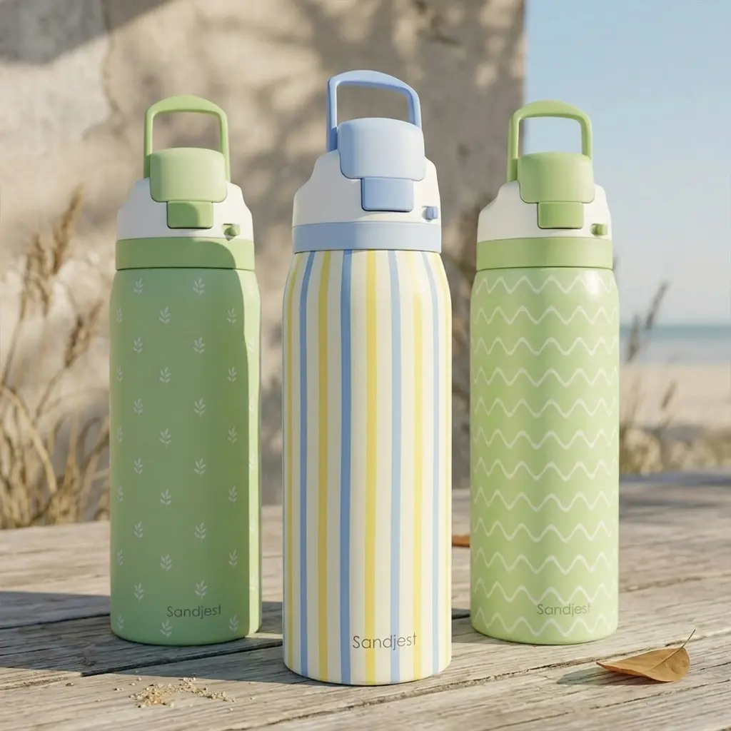 SANDJEST Summer 32oz Insulated Stainless Steel Water Bottle with Push-Button Lid, 100% Leak-Proof Reusable, Sports Gym Outdoor Travel Gift for Her