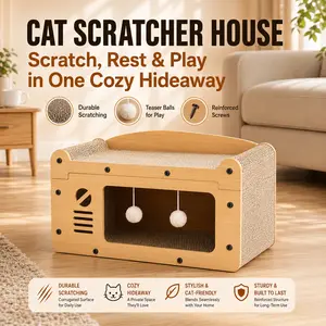 Cat Scratcher House with Lounge Bed, 3-in-1 Cardboard Cat Condo and Hideout, Durable Corrugated Cat Scratching Pad, Indoor Cat Cave Bed with Teaser Balls, Cat Furniture for Scratching, Resting, Playing and Sleeping