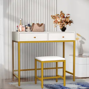 36-Inch Makeup Dressing Table With 2 Drawers and Stool Small Bedroom Dressing Table Metal Frame
