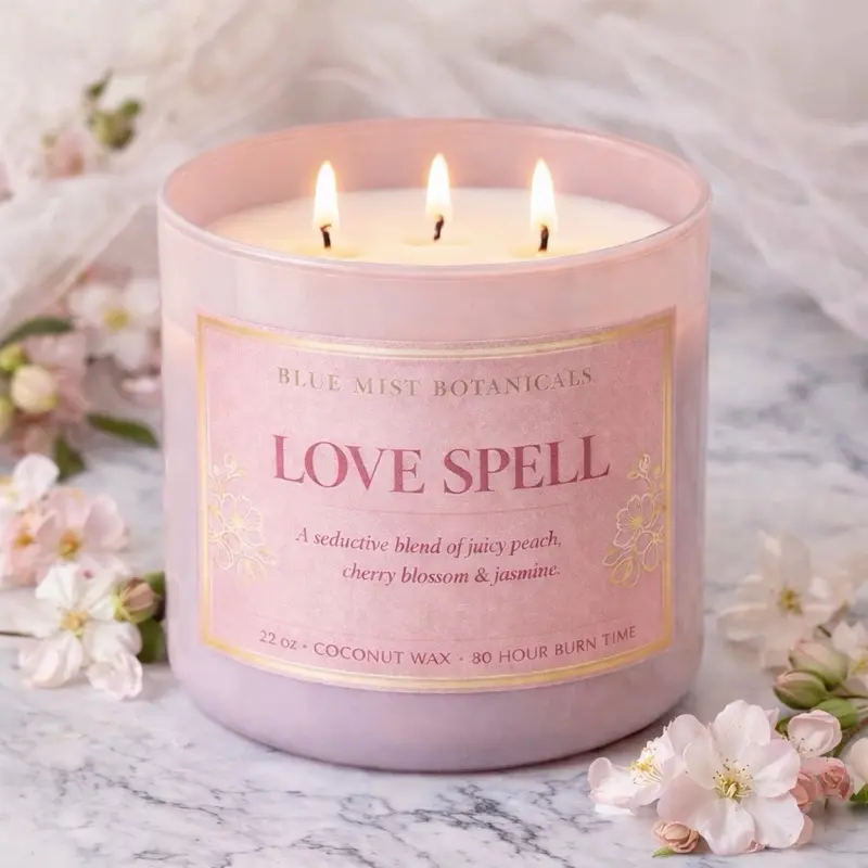 Blue Mist Botanicals Love Spell Luxury 3-wick Candle for Relaxation Aromatherapy 22 oz Coconut Wax 80 Hour Burn Time Decor Ornaments