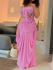 Two-Piece Women's Fashion Solid Color Mesh Patchwork Transparent Sexy Lace Top Skirt Set, Slim-Fitting High Waist Casual, Sleeveless Top, Womenswear