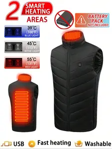 Men's Winter Casual Plain Woven Vest, Fitted Thick Fabric Heated Jacket, Two-Zone Heating, Regular Length, Cold Weather Wear