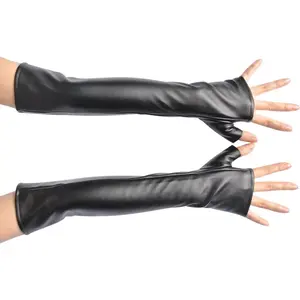 Black PU Faux Leather Long Arm Warmer Fingerless Gloves for Halloween Costume Party Cosplay