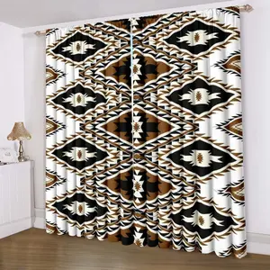Bohemian Aztec Style Geometric Vintage Art Print Curtains, Rod Pocket Hanging, Privacy Protection, Window Treatment for Home Decor