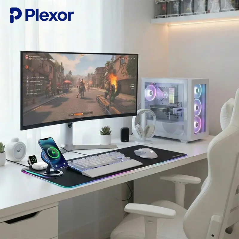4-in-1 Magnetic Wireless Charging Desk Mat: 15W Fast Charge Phone/Watch/Plexor Buds, RGB Gaming Mouse Pad with Foldable Stand, Waterproof Ultra-Smooth Surface for Home Office & Pro Setup