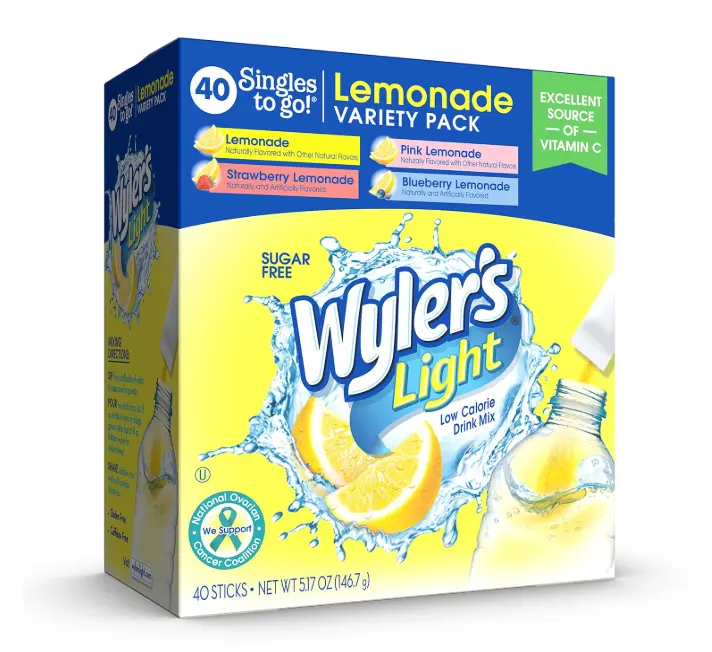 Wyler's Light Lemonade Variety Pack, 40 ct Singles to Go Powder Packets, Water Drink Mix, Variety Pack, Pink, Strawberry & Blueberry Lemonade, Sugar & Caffeine Free, On-The-Go,(Pack of 1)