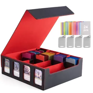 Magnetic PU Leather Game Card Box, Large Capacity Four-Slot Separable Storage Case, Fits Up to 2400 Cards, Ideal for Board Games & Collectibles