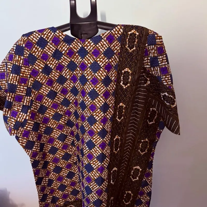 Ladies Ankara L V open neck top,multi-color geometric print