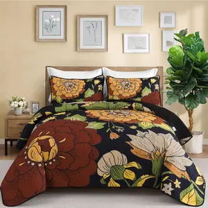 3 Piece Floral Quilt Set California King Size Black Boho Bedspread Coverlet Set, Botanical Quilt Soft Microfiber Farmhouse Floral Bohemian Bedding Set with 2 Pillowcases for All Season