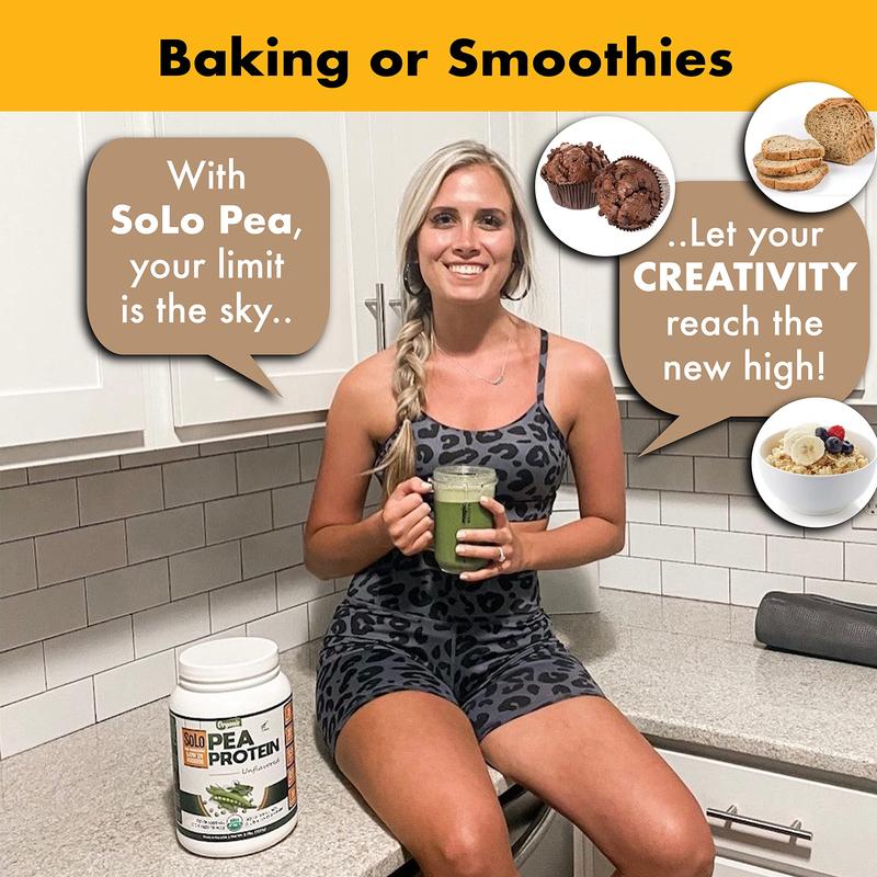SOLO Organic Pea Protein Isolate, Low in Sodium, Canada Grown Peas, 100% Vegan, Non-GMO, Unflavored Plant Based Protein Powder with BCAA, Keto & Paleo Friendly, Easy to Digest, No Additives (2.7 lbs)