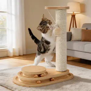 Wooden Cat Scratching Post with Track Ball Toy, Sisal Cat Climbing Tree for Indoor Cats, Interactive Kitten Scratcher Tower with Hanging Pom-Pom Ball, Cat Activity Center for Kitten Play & Exercise