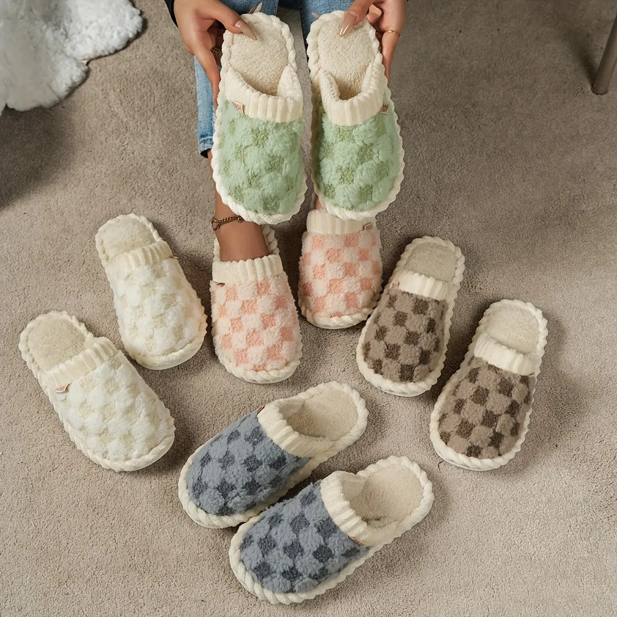 Unisex Fluffy Home Slippers, Warm Fuzzy House Footwear with Rubber Sole, Soft-Lightweight Non-Slip Beige Flipflops, Checkered Pattern Adds Playful Charm, Warm Slippers, Round Toe, Slip On, Geometric