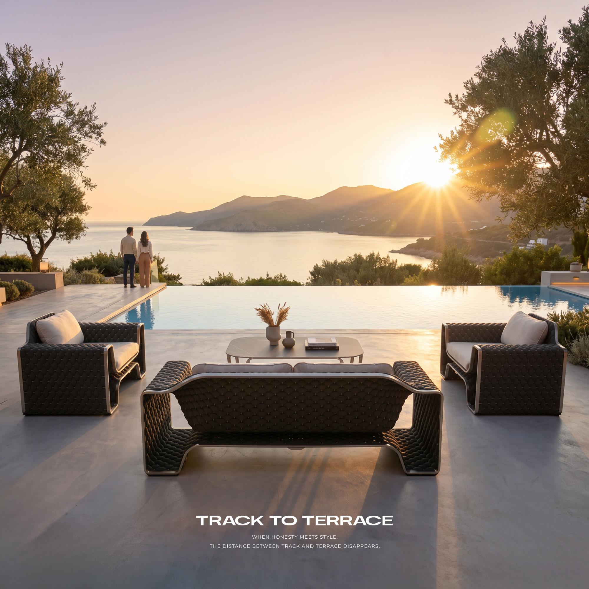 【Summerfinds】OVIOS × Studio F.A. Porsche Designer Outdoor Sofa Collection, 4-Piece Luxury Patio Furniture Set with Coffee Table, Masterfully Hand-Woven Craftsmanship, Aviation-Inspired Aluminum Frame for Villa Terrace & Luxury Backyard