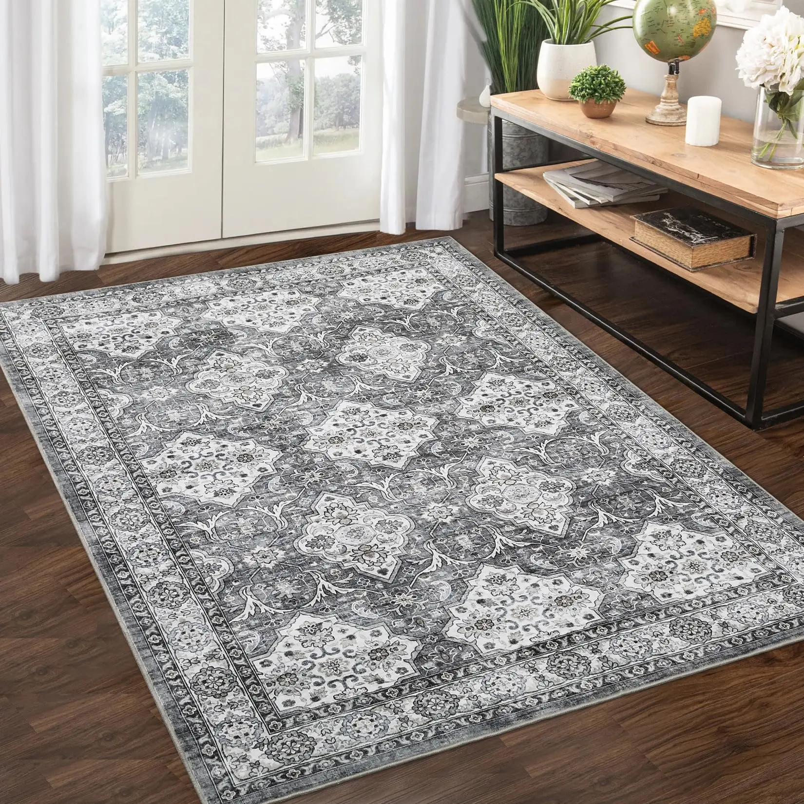 GARVEE Area Rug 8x10 Large Living Room Carpet with Anti-Slip Backing, Low Pile Vintage Rug, Machine Washable Big Indoor Soft Nursery Rug for Bedroom, Dining Room, Office, Gray