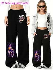 Kpop Demon Hunters Series Women's Casual Pants, Fashionable Cartoon Print Wide Leg Pants, Breathable Skin-Friendly, Perfect for Festivals and Daily Wear