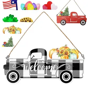 Welcome Sign & Home Wood  Hanger Sign for Front Door 2-Side Rustic Red Truck Decor with 7-PC Interchangeable Holiday Ornaments Icons for Spring Easter 4th of July Fall Harvest Halloween Christmas Seasonal Wooden Wall Hanging & Table Decorations