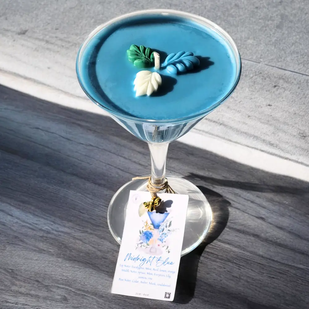 Midnight Blue Engraved Logo Martini Glass Candle - 3.5 - 4.5oz