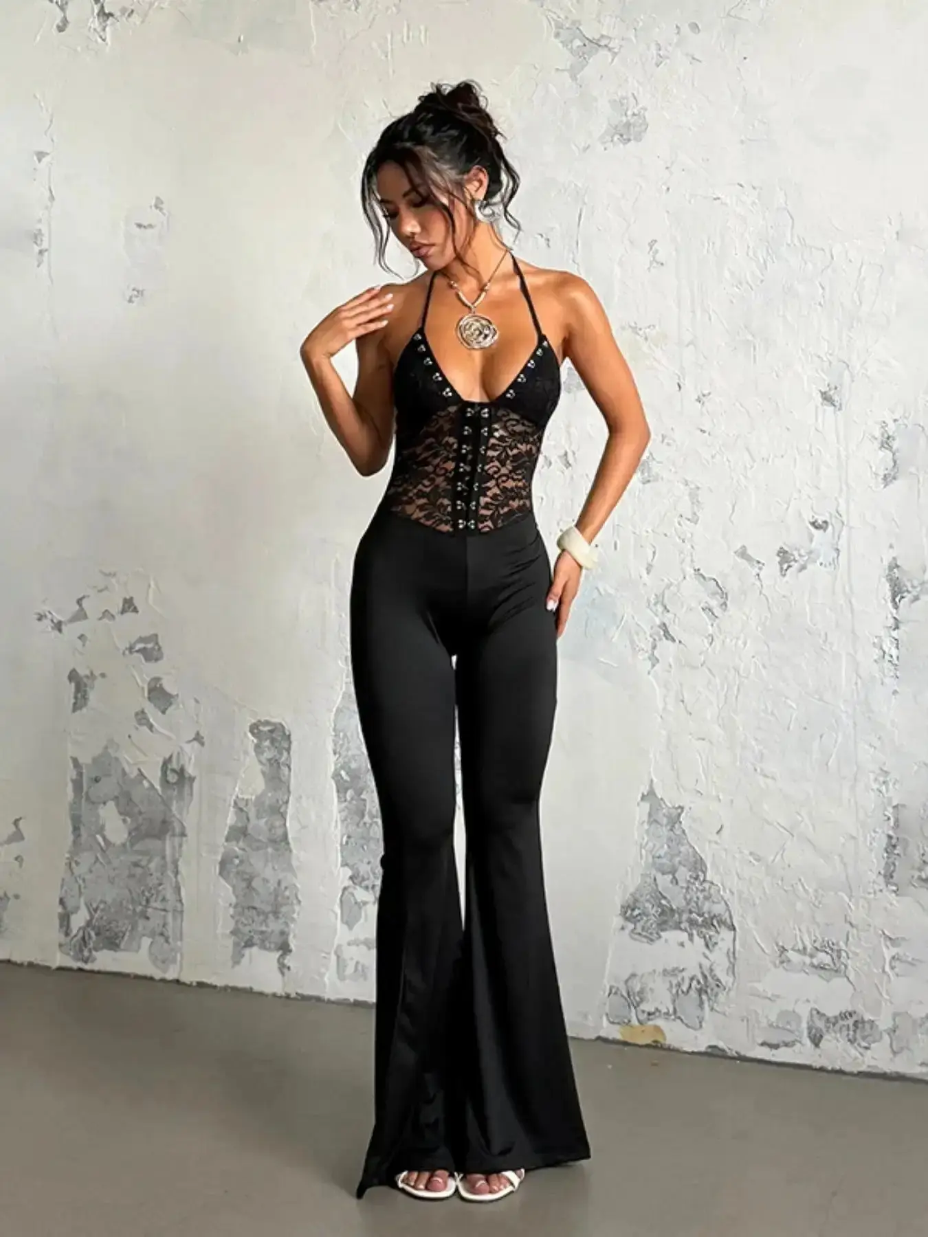 Stunning Lace Strappy Flared Jumpsuit Romper for Women Plain Style, Elegant Sleeveless Solid Fit Design with Intricate Detail, Perfect for Parties and Special Occasions Womenswear, Multipurpose, Babydoll Set, Top Quality