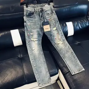 Trousers Light Blue With Holes Jeans For Men Tapered Male Cowboy Pants Torn Ripped Broken Trend Hot Kpop Harajuku