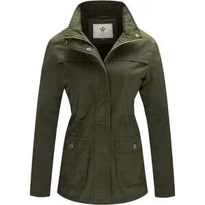Women's Casual Military Jacket Cotton Stand Collar Utility Anorak Coat