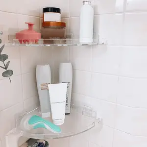 2 Pack Acrylic Corner Shower Caddy Shelf with Hooks Adhesive Wall Mounted Bathroom and Kitchen Storage Space-Saving Transparent Smooth Shower Organizer
