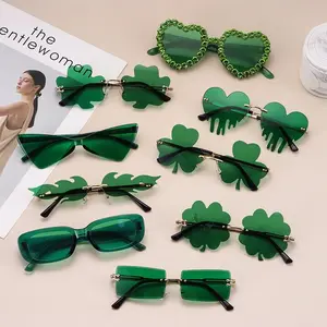 Rimless Women Men Leprechaun Costume Sunglasses St. Patrick's Day Green Four Leaf Clover Sun Glasses Irish Shamrock Eyewear