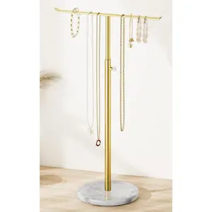 Gold Necklace Holder Jewelry Organizer Stand – Adjustable Height T‑Bar Jewelry Display with White Marble Base, Necklace & Bracelet Holder, Countertop Jewelry Stand