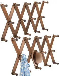 2 Pack Expandable Wooden Coat Rack, 14 Accordion Wall Hanger, Wall Mounted Vintage Accordion Peg Rack for Hats,Coat, Baseball Caps, Mugs, Scarf, Bag, Walnut Color
