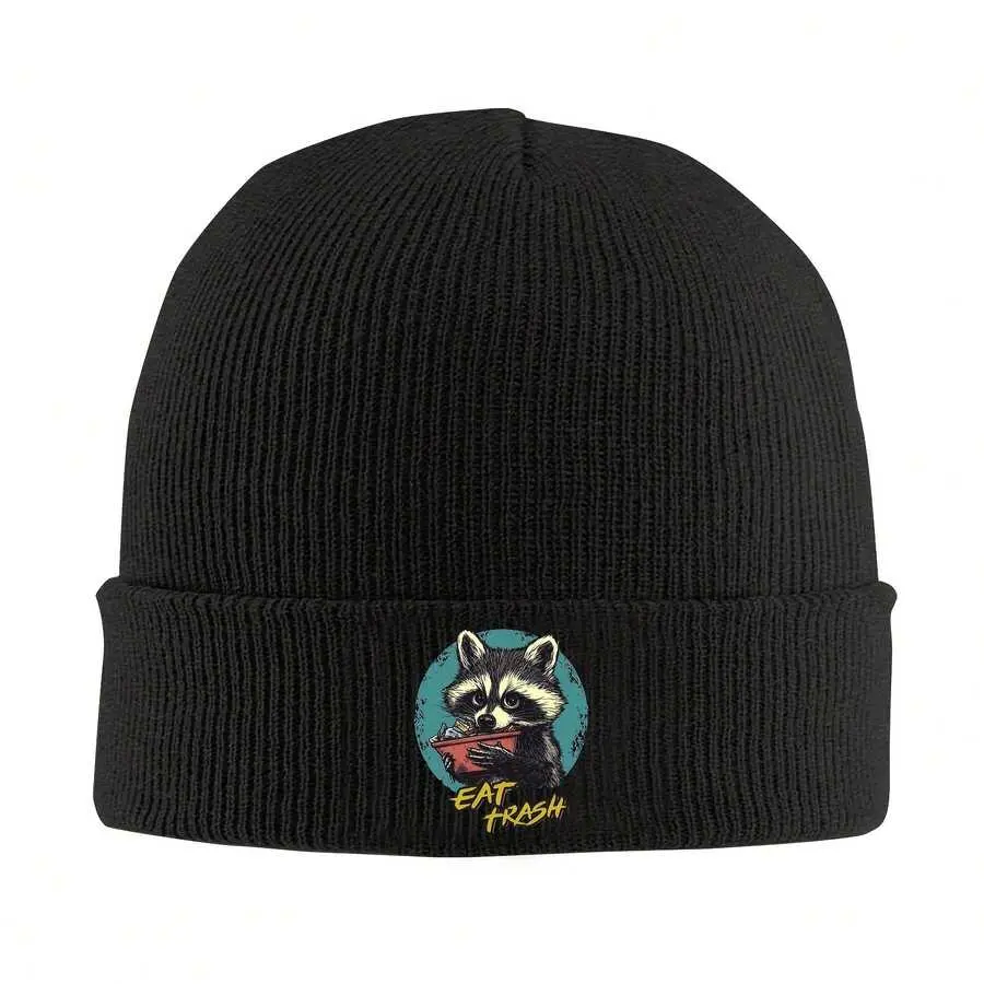 Casual Raccoon Graphic Knit Beanie, Unisex Warm Acrylic Headwear with Stretch, 1-Size for Daily Autumn & Winter Wear, Everyday, Raccoon Print, Breathable, Fitted, One Size