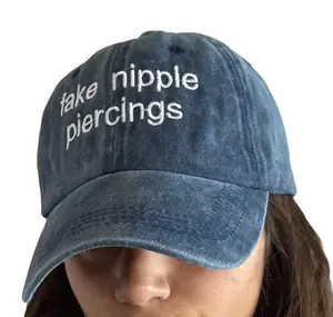 Nikkys Vintage-Washed Denim Dad Hat - "Fake Nipple Piercings" Embroidery, Adjustable Strap, One Size Fits Most, Soft Cotton Material