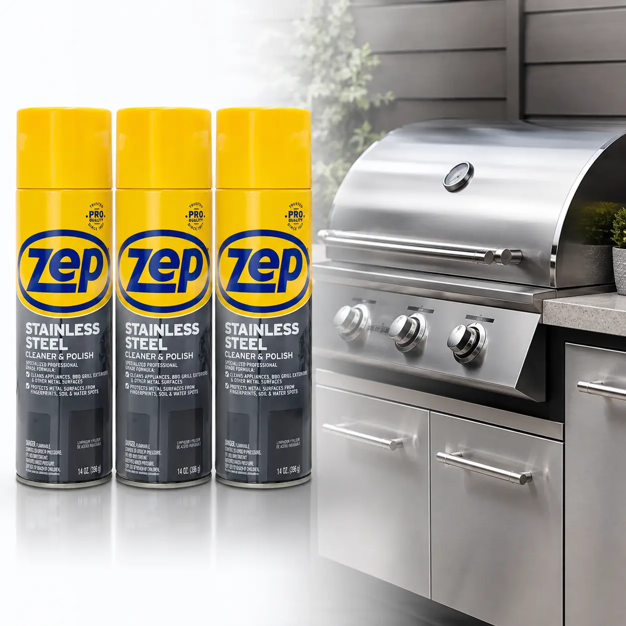 ZEP 14 oz. Stainless Steel Polish,stainless care,spray polish,no-spill can,soil guard,water stains,oil film,mark remover,appliance doors,exhaust hood,prep table,ice machine,coffee station,utility sink,cabinet hardware,elevator panels,hotel kitchen,shine