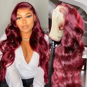 Burgundy Body Wave Human Hair Lace Front Wigs For Women 13X6 HD Transparent Lace Wig With Baby Hair