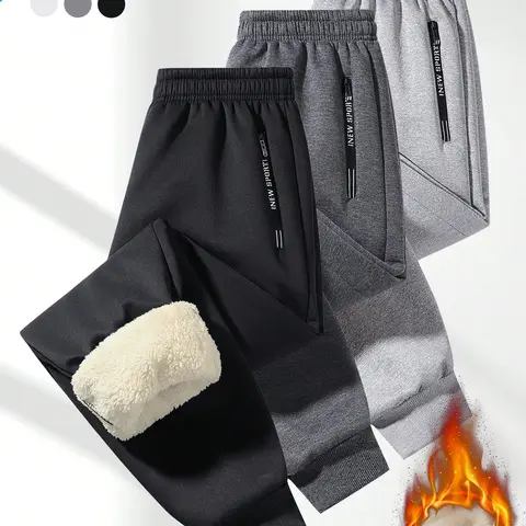 Men's Fitted Slim-Fit Casual Fleece Pants - Adjustable Drawstring Waistband, Soft Natural Fabric, Thick Fleece Lining, Zippered Pockets, Solid Color, Warm
