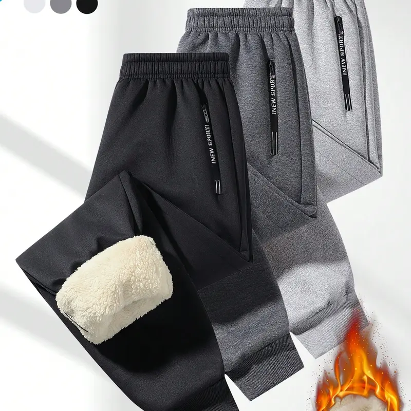 Men's Fitted Slim-Fit Casual Fleece Pants - Adjustable Drawstring Waistband, Soft Natural Fabric, Thick Fleece Lining, Zippered Pockets, Solid Color, Warm