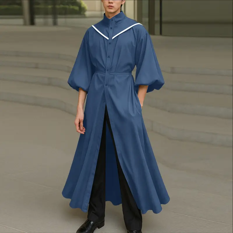 Men's Minimalist Stand Collar Maxi Robe with Lantern Sleeves, Loose Cut Woven Trench Coat, Alternative Costume for Graduation & Cosplay